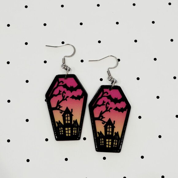 Pink Orange Haunted House Earrings Stainless Steel Hooks Halloween Funky NEW - Picture 1 of 4